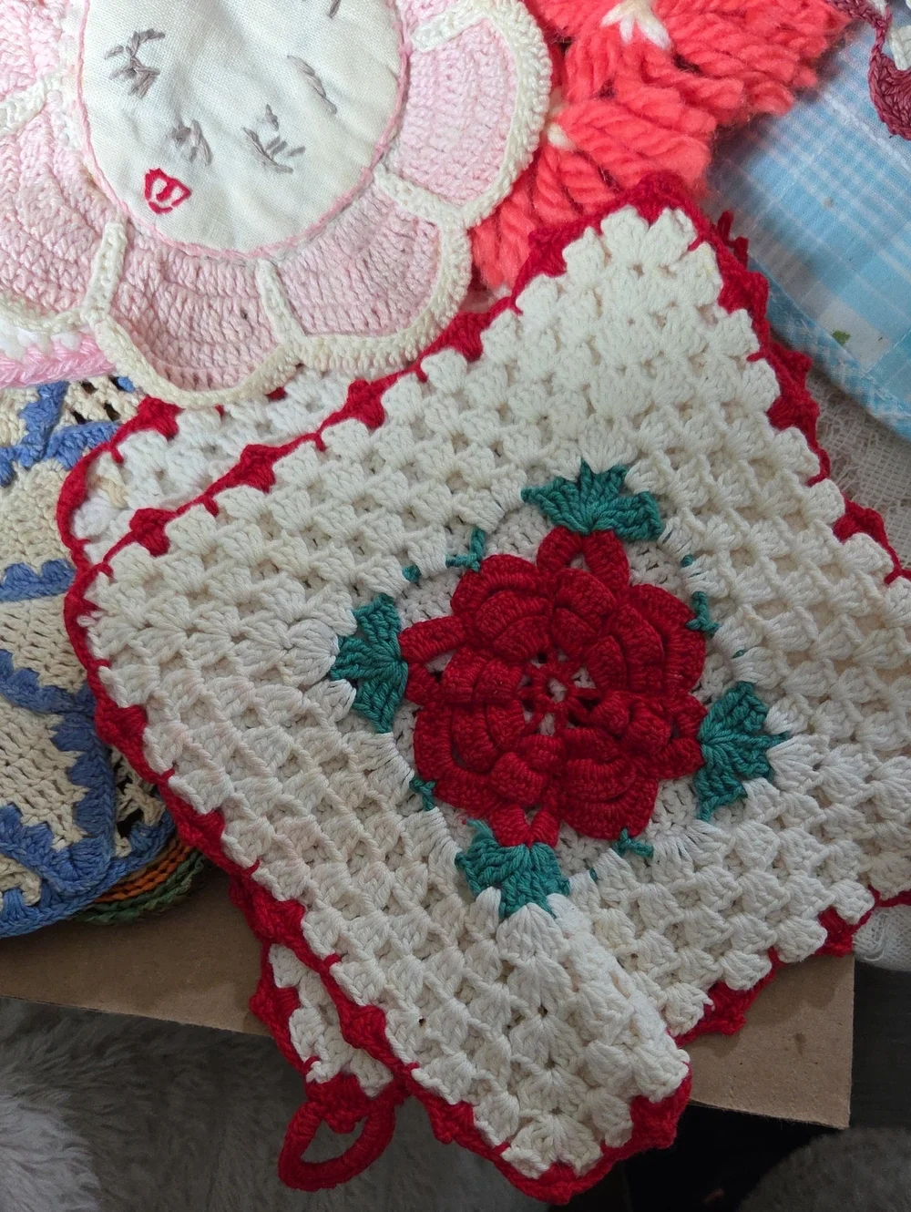 Handmade Crochet Flower Coasters - Red, Pink, Cream Estate Bundle